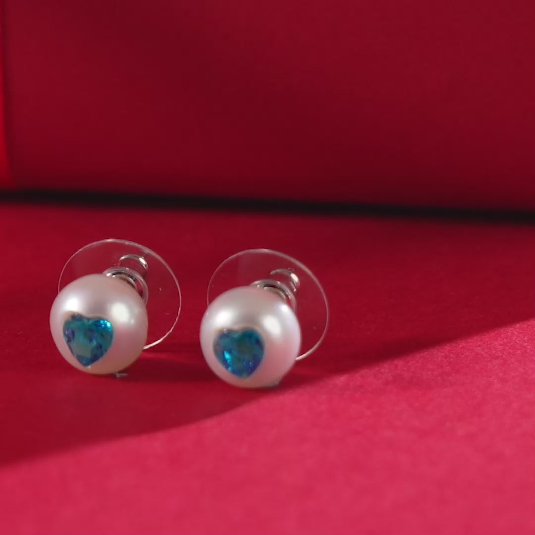 Misty Heart Pearl Studs ( Blue Heart CZ Button Pearl Stud Earrings )