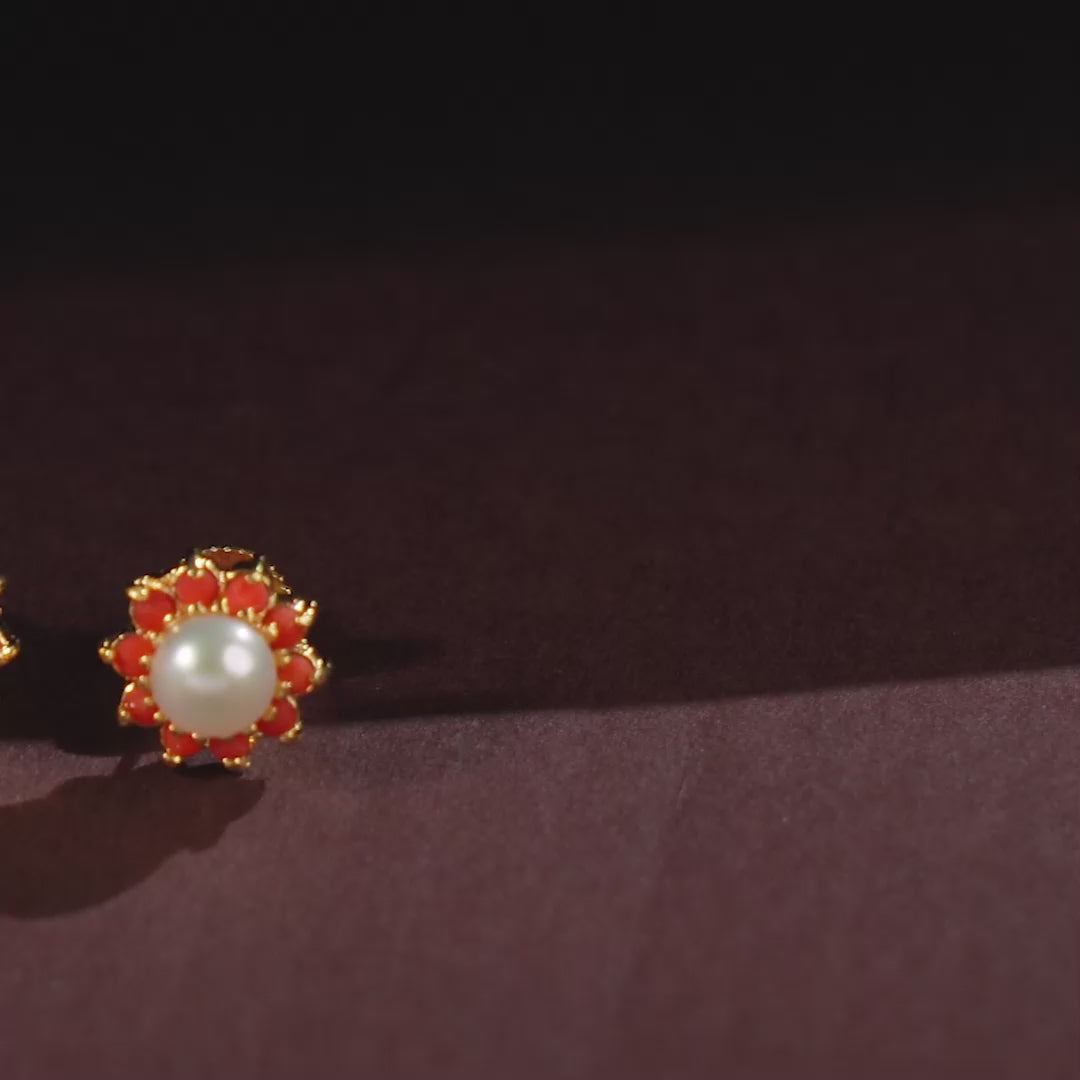 Coral Bloom Pearl Studs (Coral & Freshwater Pearl Stud Earrings)