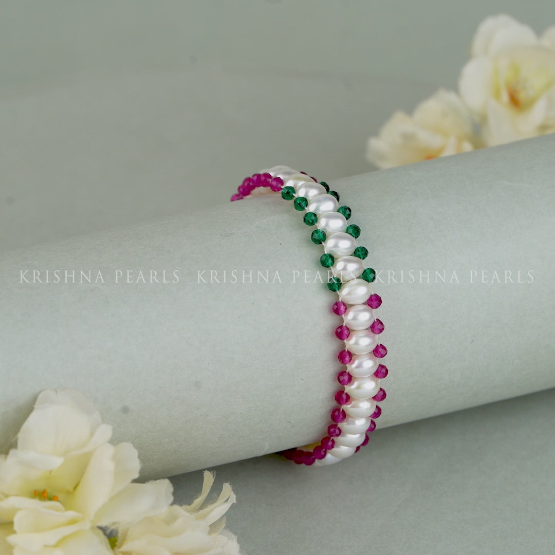 Triple Layer Pearl Bracelet with Pink & Green Accents - Gold Clip