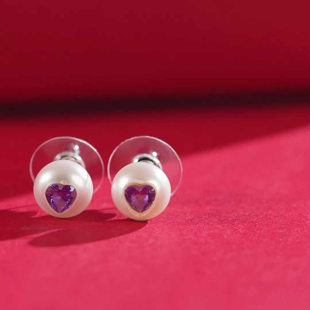 Lilac Heart Pearl studs ( Lavender Heart CZ Button Pearl Stud Earrings )