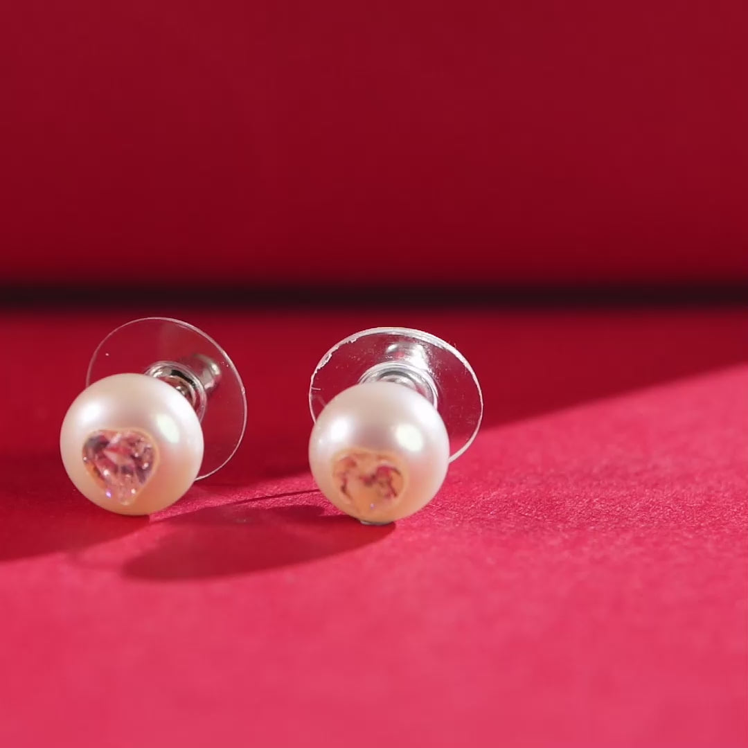Blush Heart Pearl Studs ( Pink Heart CZ Button Pearl Stud Earrings )