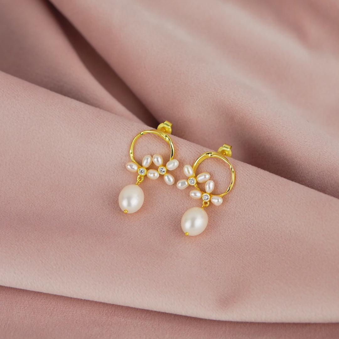 Floral pearl hoop studs