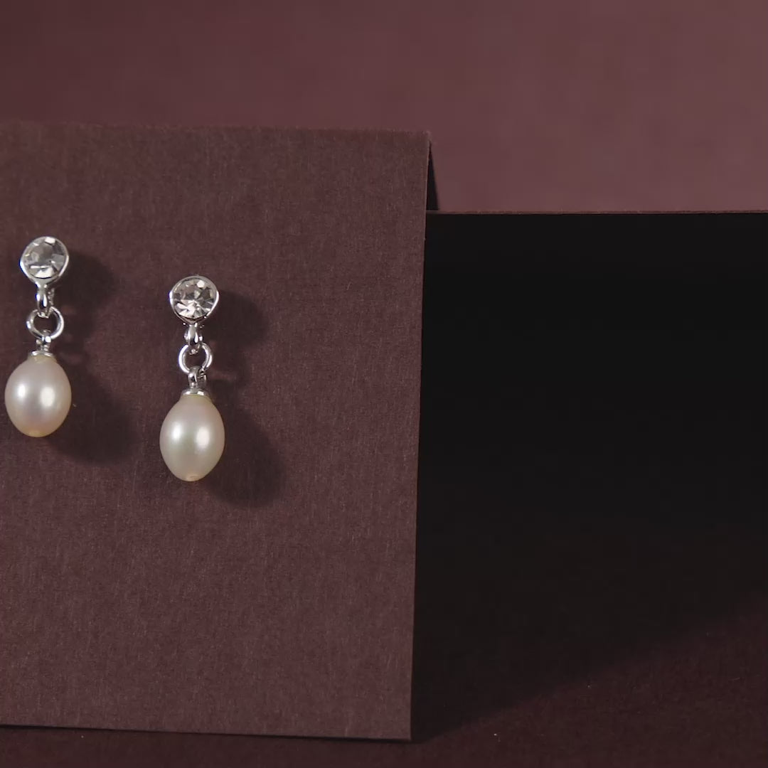 CZ Pearl Drop Danglers (Freshwater Pearl & Stone Drop Earrings in Silver)