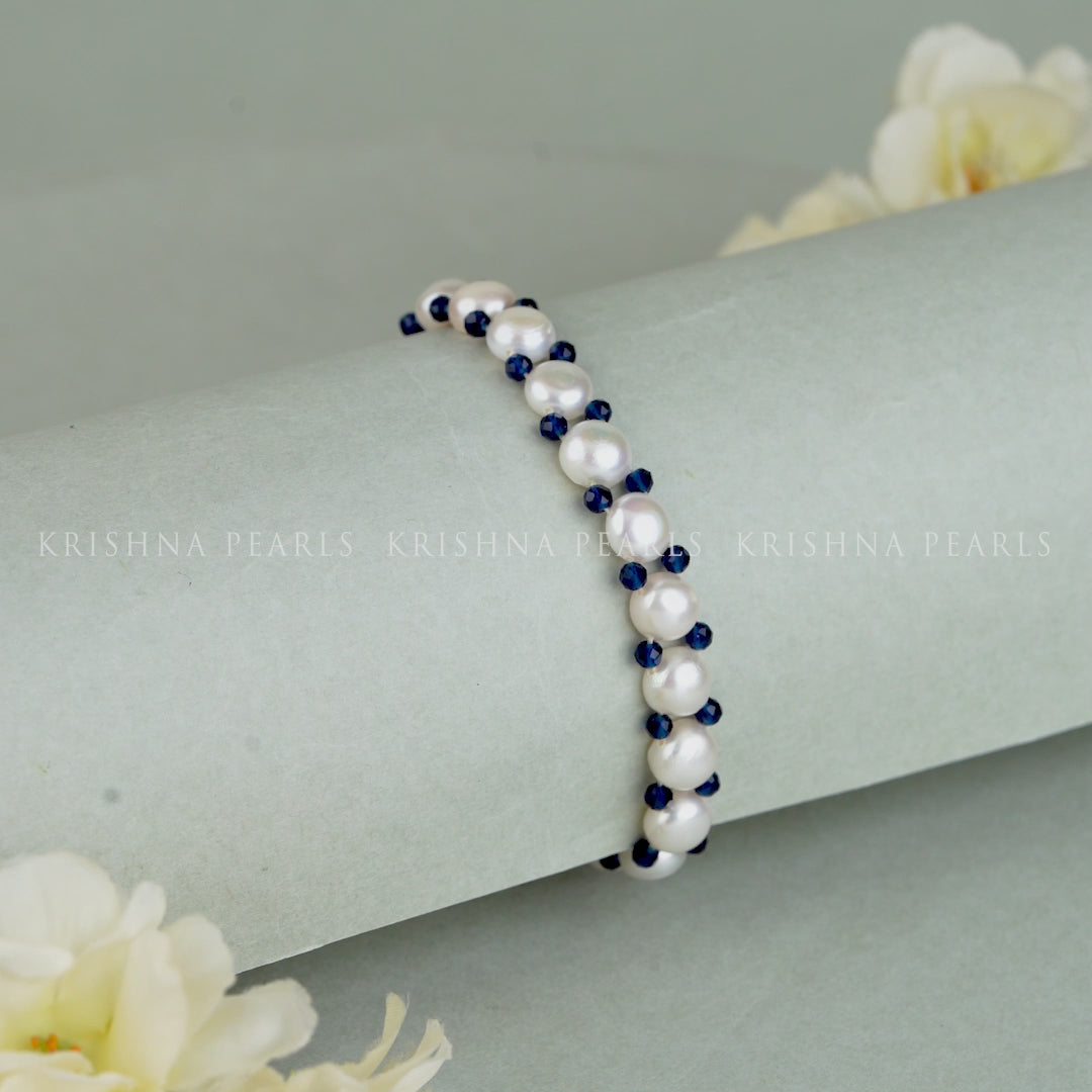Real White Freshwater Pearl Bracelet with Blue Accents & Gold Clasp