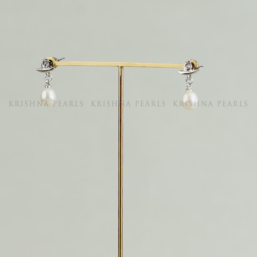 White Pearl & Stone Curved Drop Earrings