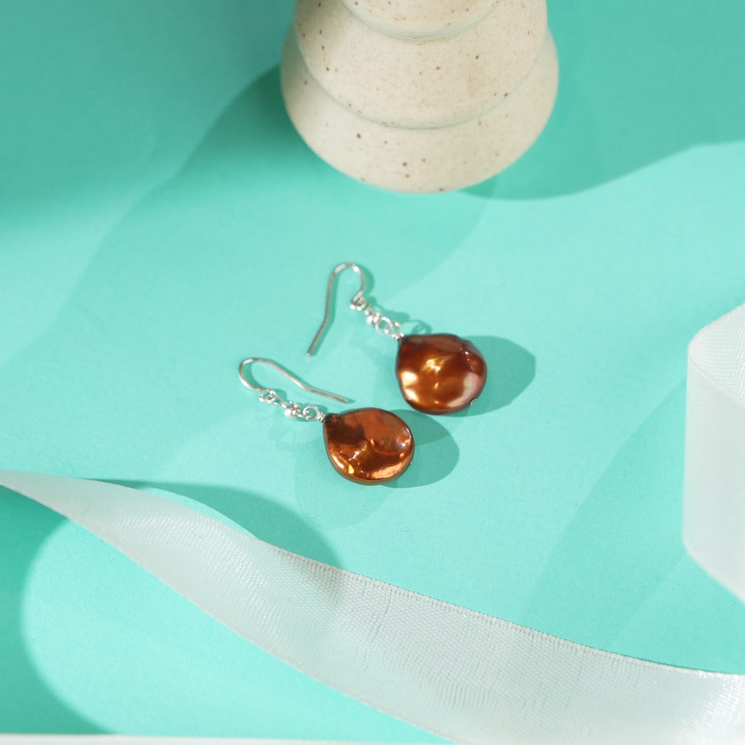 Brown Pearl Drop Earrings in Sterling Silver
