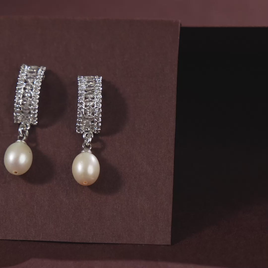 Cluster CZ Pearl Drop Earrings (Freshwater Pearl Earrings with CZ Accents in Silver)