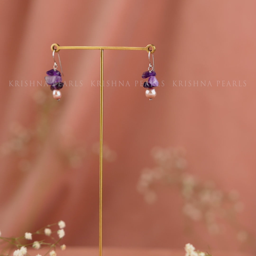 Natural Pearl and Amethyst Hanging Earrings