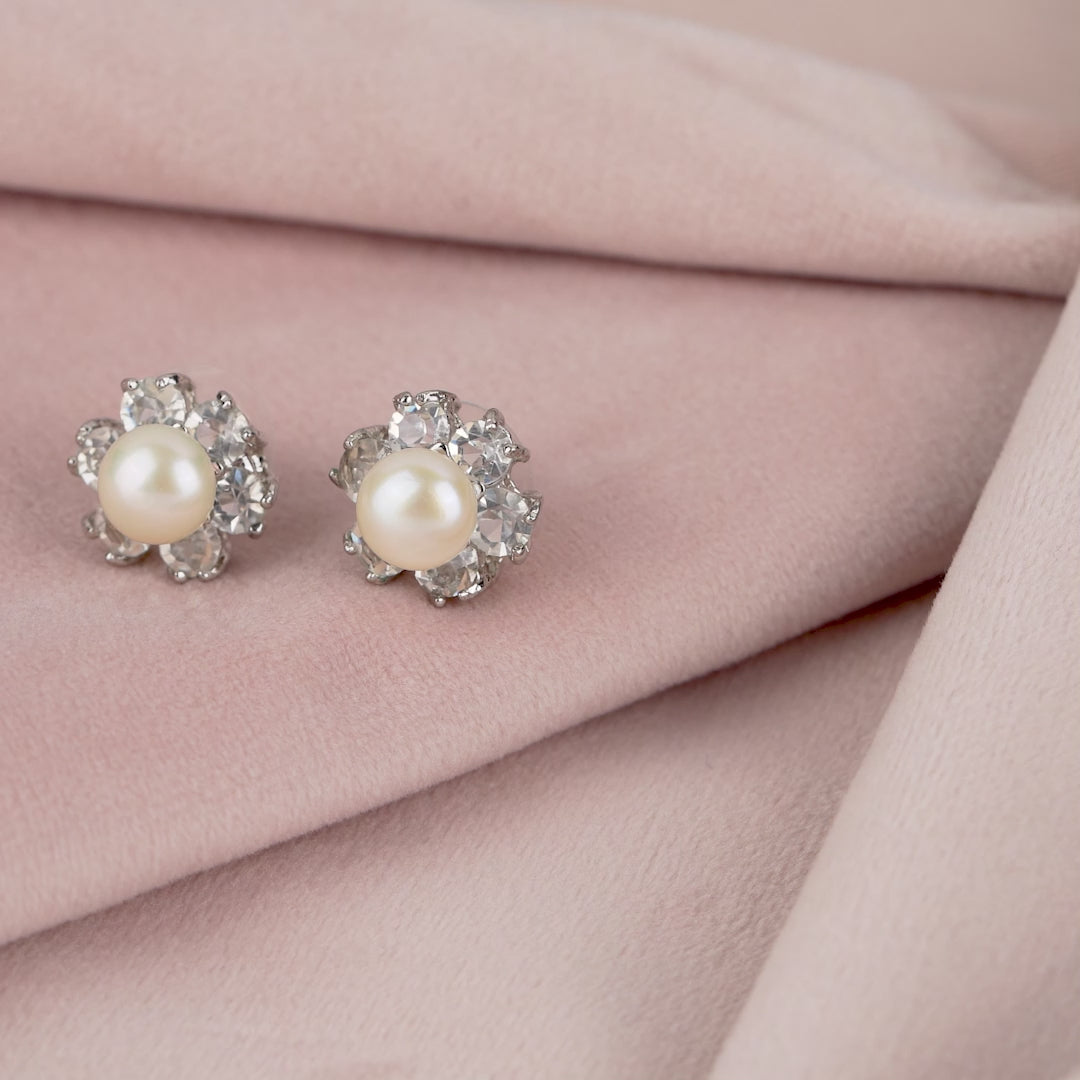 Fresh Water Button Pearl & CZ Stones Earrings