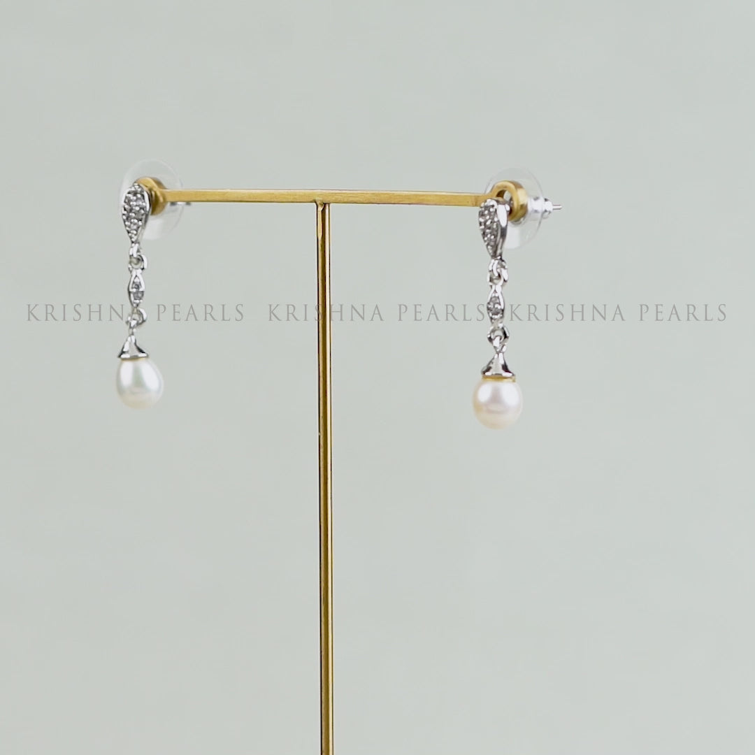 Sparkling CZ & White Freshwater Pearl Drop Earrings