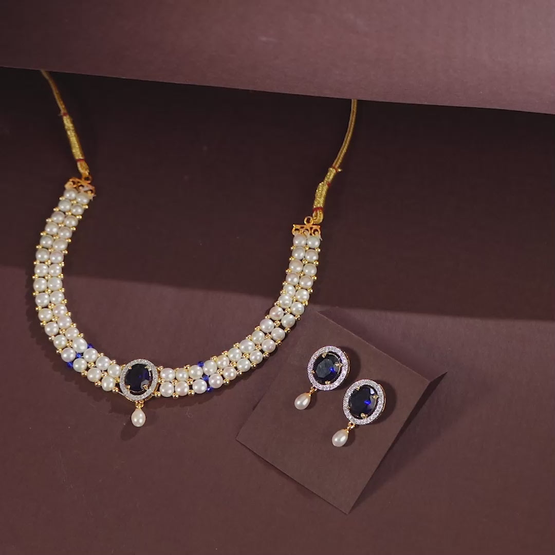 Sitaara Pearl Choker Set (Freshwater Pearl Choker & Earrings Set with Blue Stone Accents)