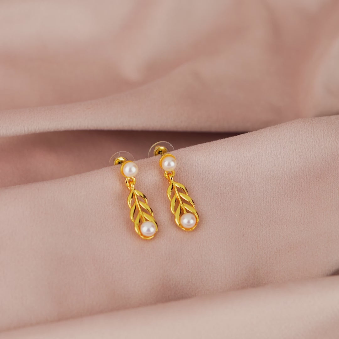 Dainty Leaf Motif  Pearl Drop Earrings