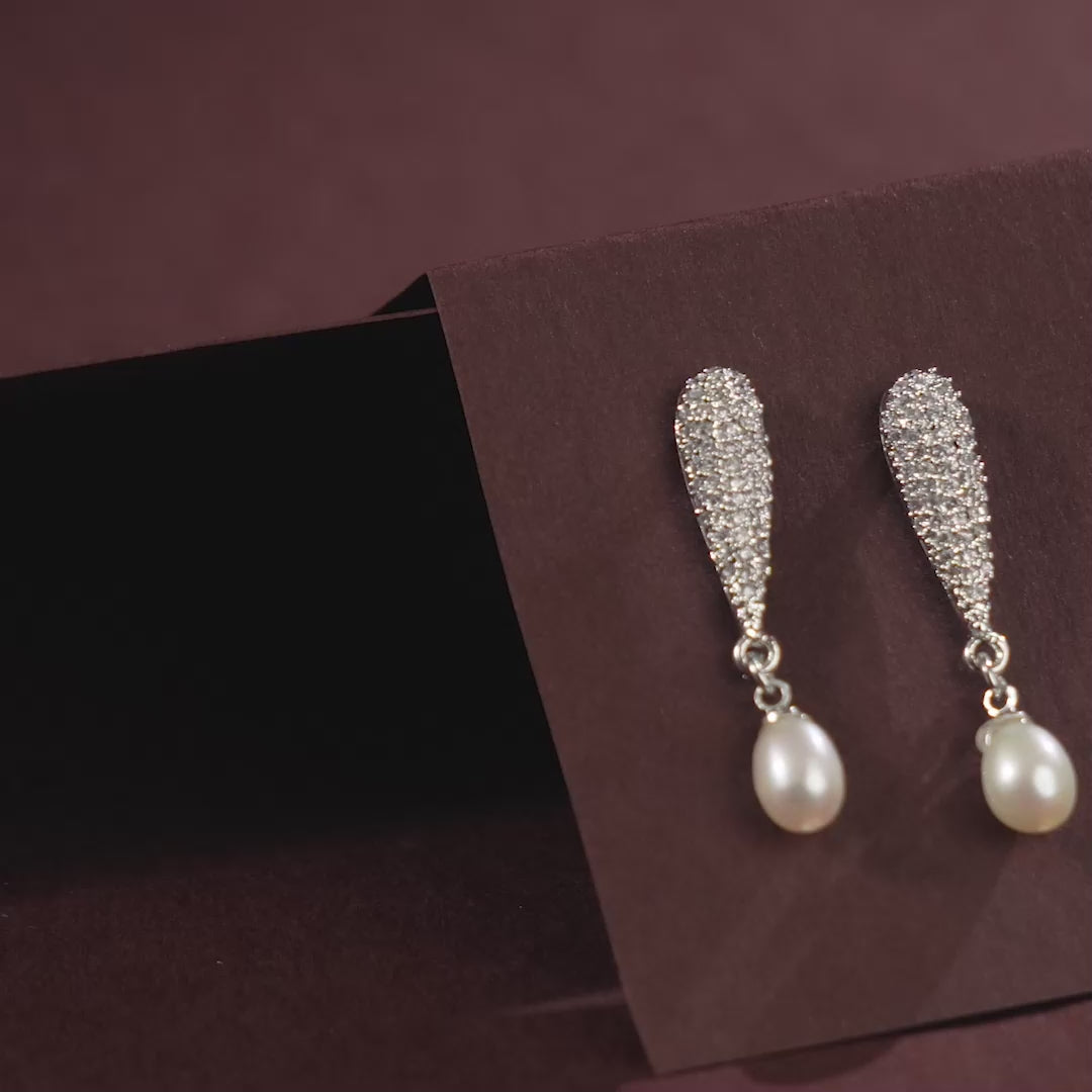 CZ Cascade Pearl Drop Earrings (Freshwater Pearl & CZ Drop Earrings in Silver)