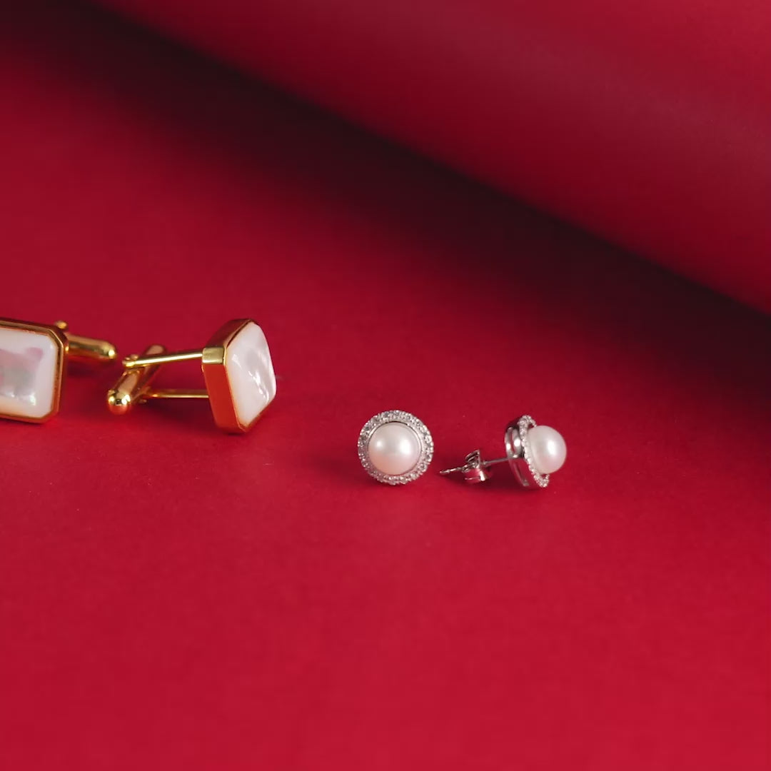 Pearl Emblem Gift Set Pearl Stud Earrings & Square Pearl Cufflinks