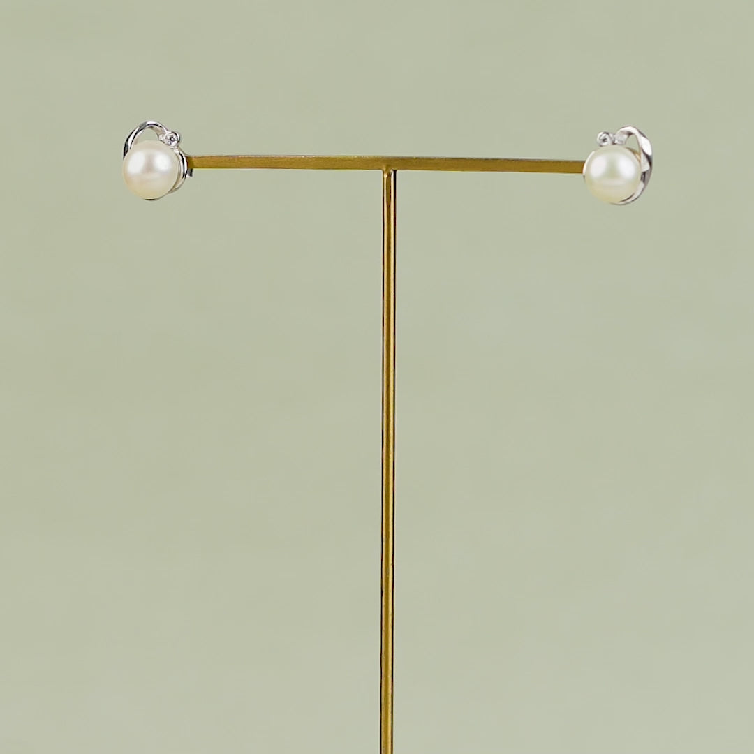 White Pearl & Stone Silver Stud Earrings