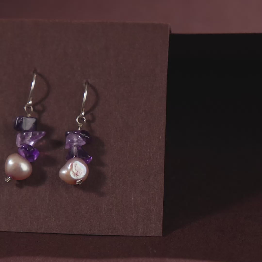 Amethyst Pearl Cascade Earrings (Natural Pearl & Amethyst Hanging Earrings)