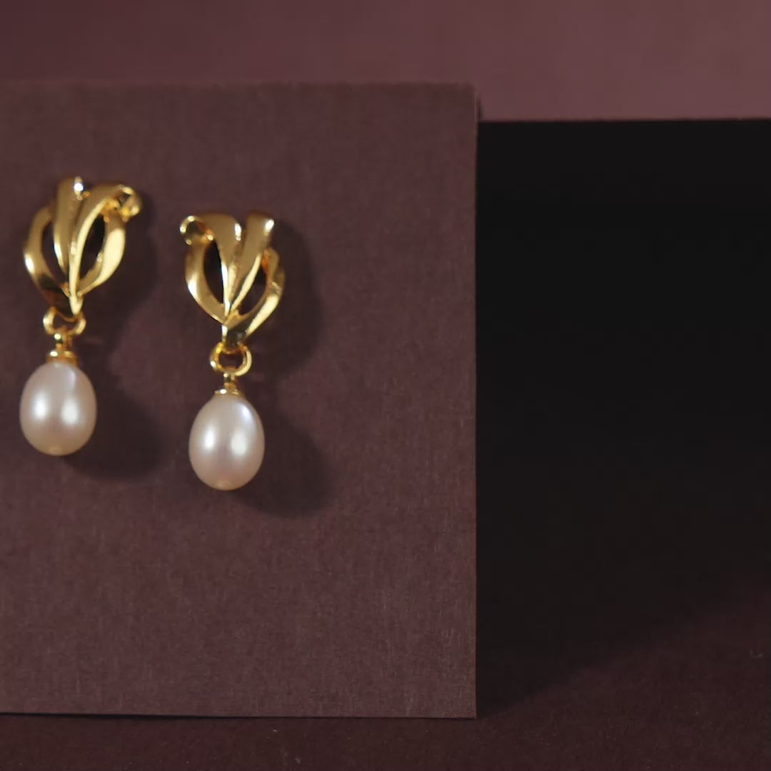 Classic Knot Pearl Drops (Freshwater Pearl Drop Earrings in Gold Finish)