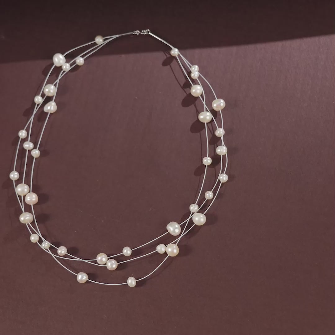 Delicate layered Pearl Necklace (Freshwater Pearl Station Necklace)