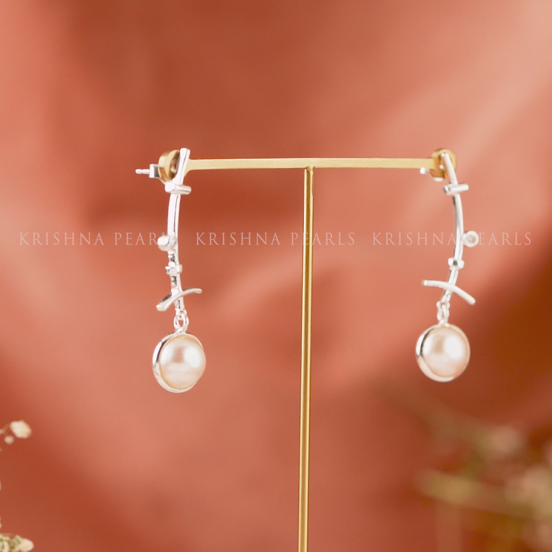 Elegant Silver Button Pearl Earrings