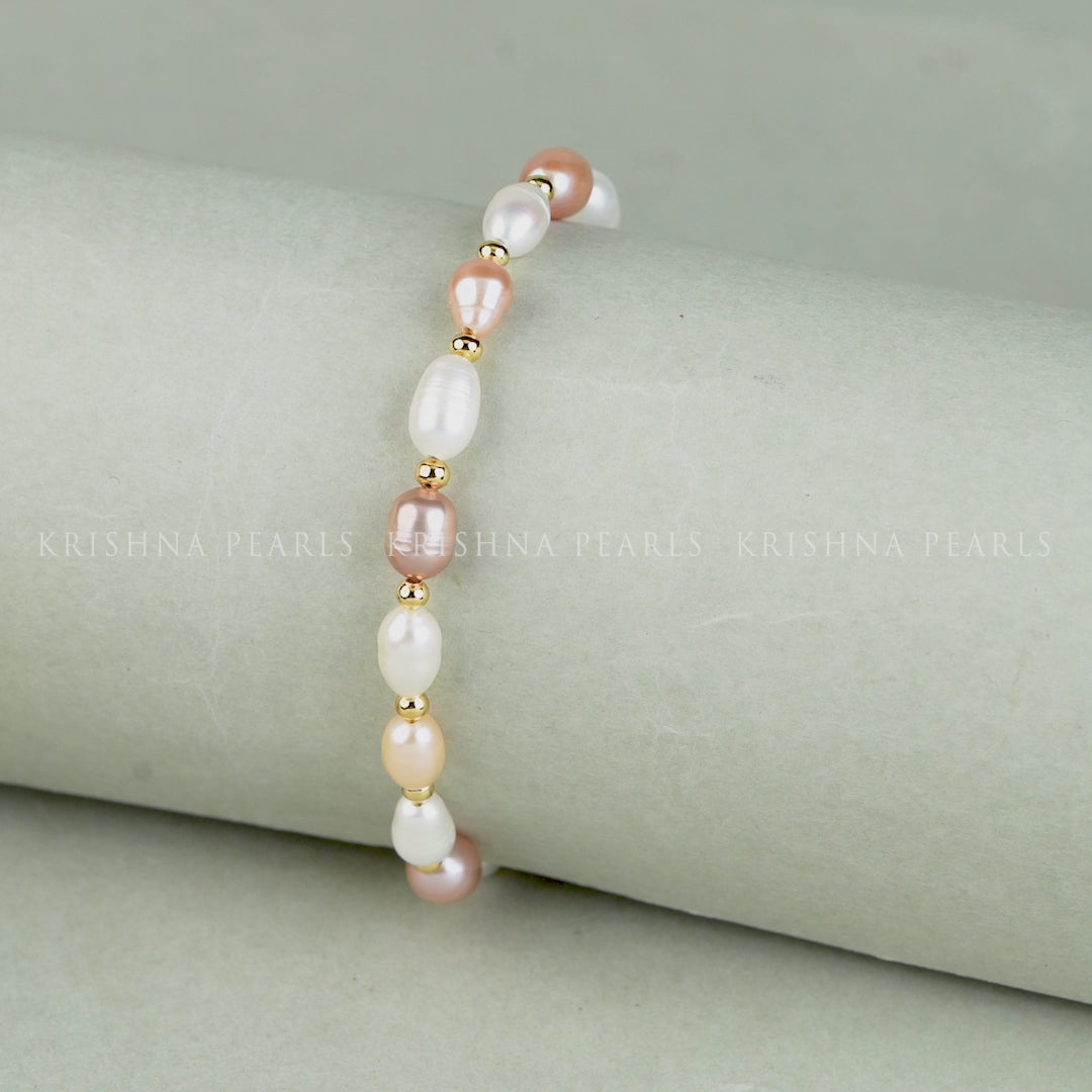 Peach & White Color Pearl Bracelet with Gold Tone Spacers