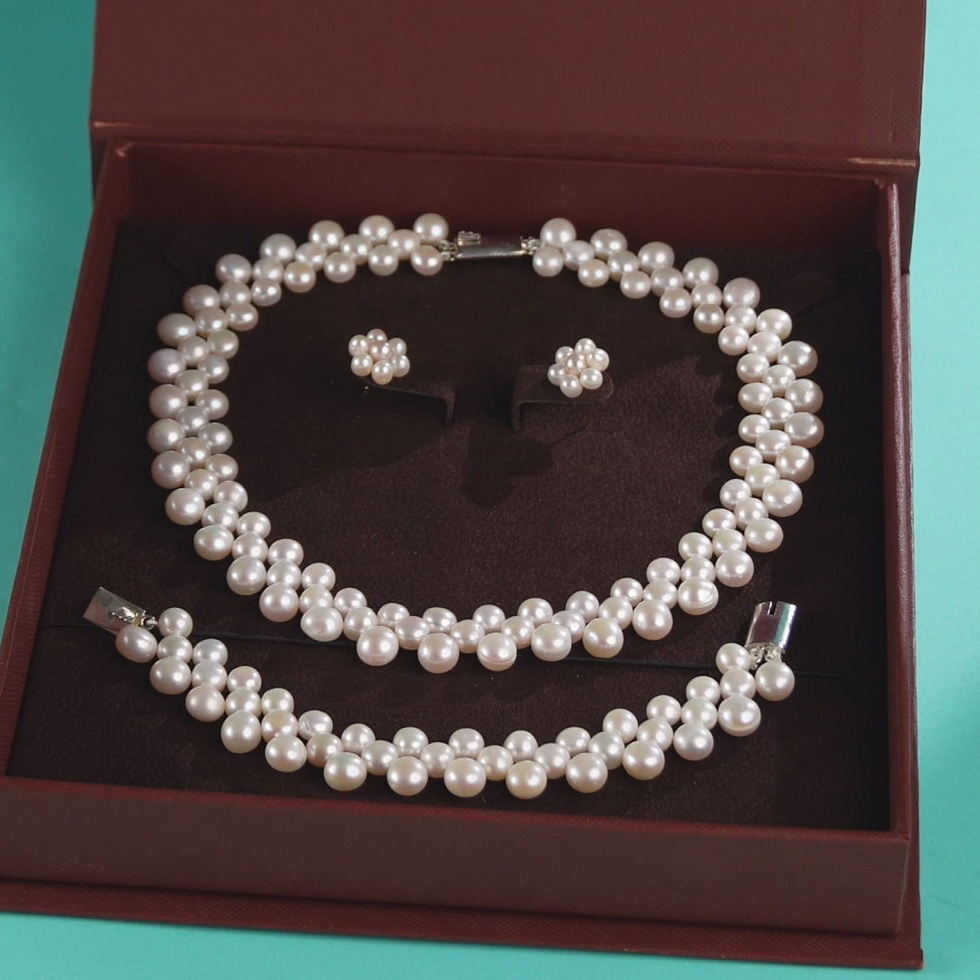 Ornate Weave set (Freshwater Pearl Necklace, Bracelet & Stud Earrings Set)