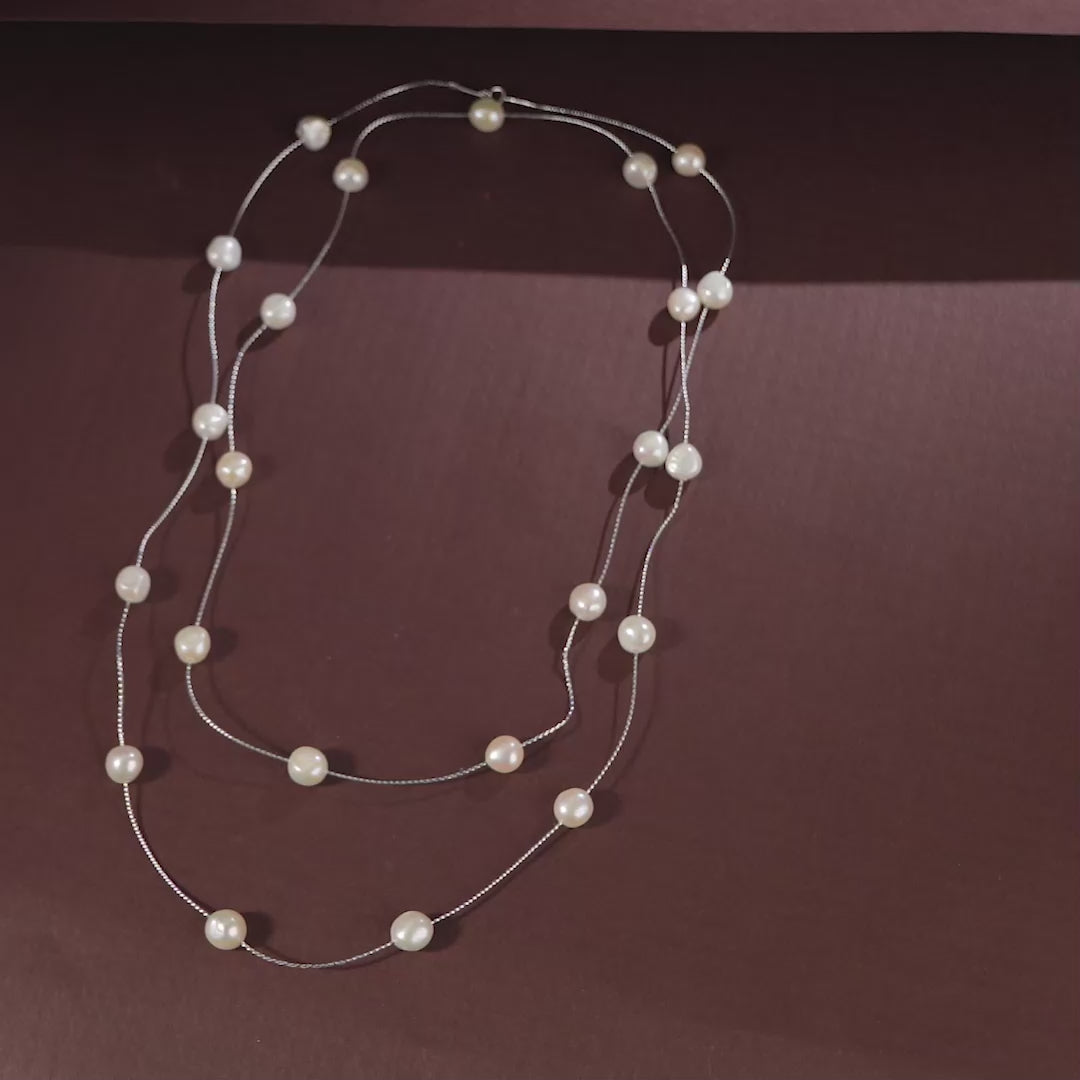 Grey Baroque Pearl Station Necklace (Feshwater Baroque Pearls on Silver Chain)