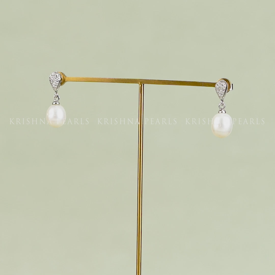 White Pearl Drop Earrings with Shiny Stones