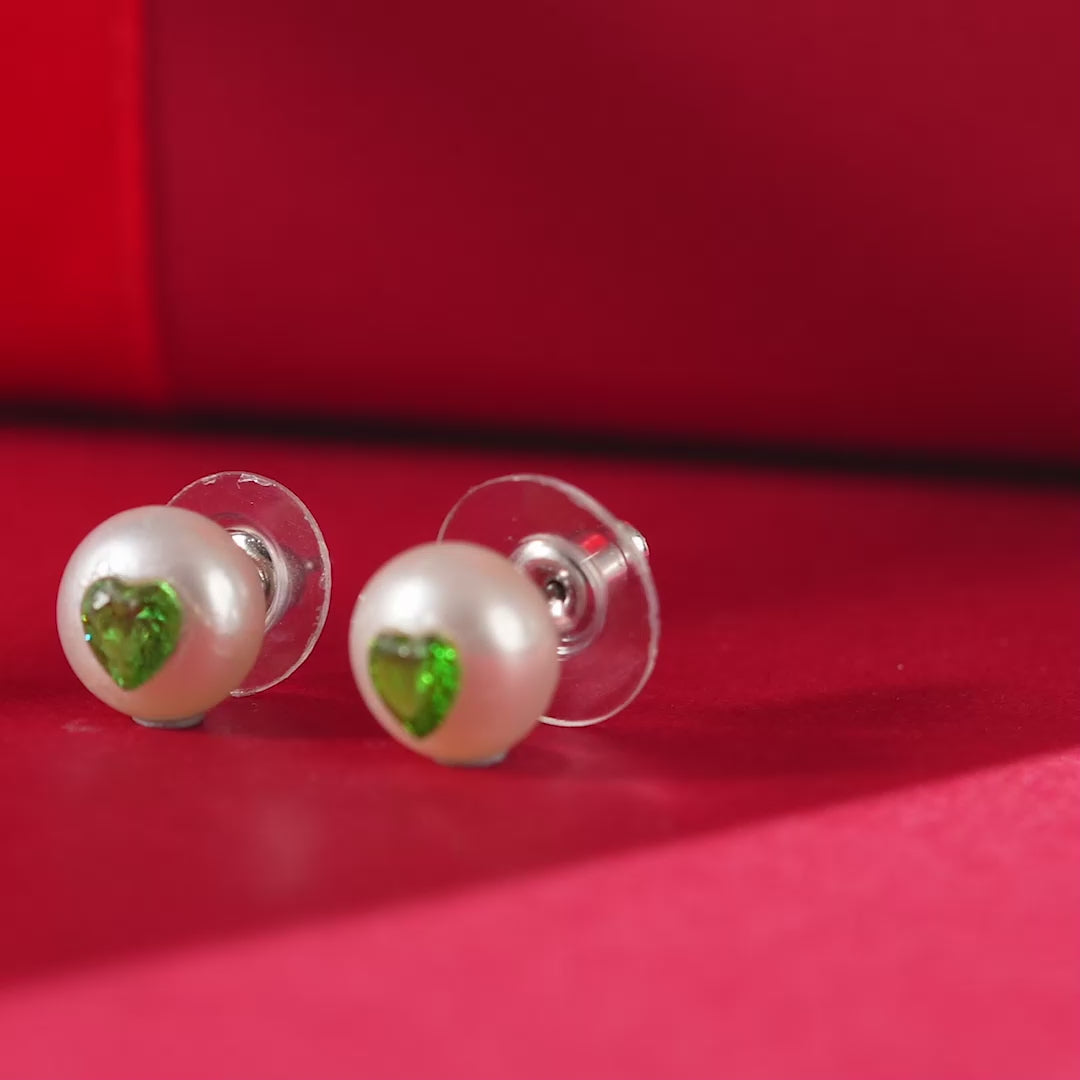 Jade Heart Pearl Studs ( Green Heart CZ Button Pearl Stud Earrings )