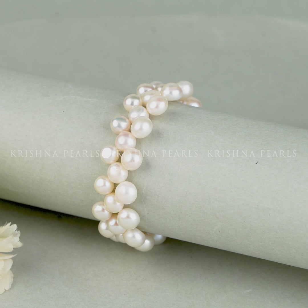 Handcrafted Two-Layer White Freshwater Pearl Bracelet - Gold Clasp