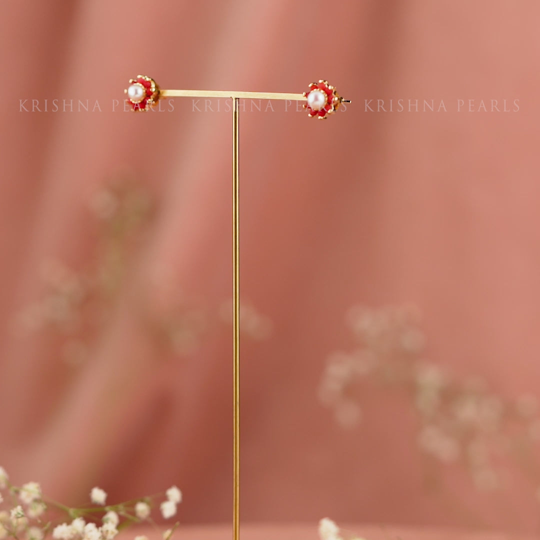 Coral & Pearl Floral Stud