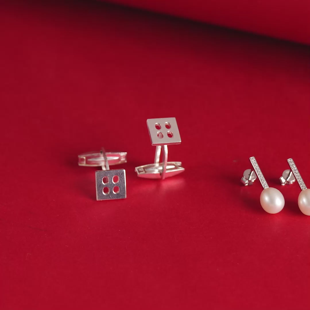 Pearl Linear Dew Gift Set Pearl Drop Earrings & Silver Square Cufflinks