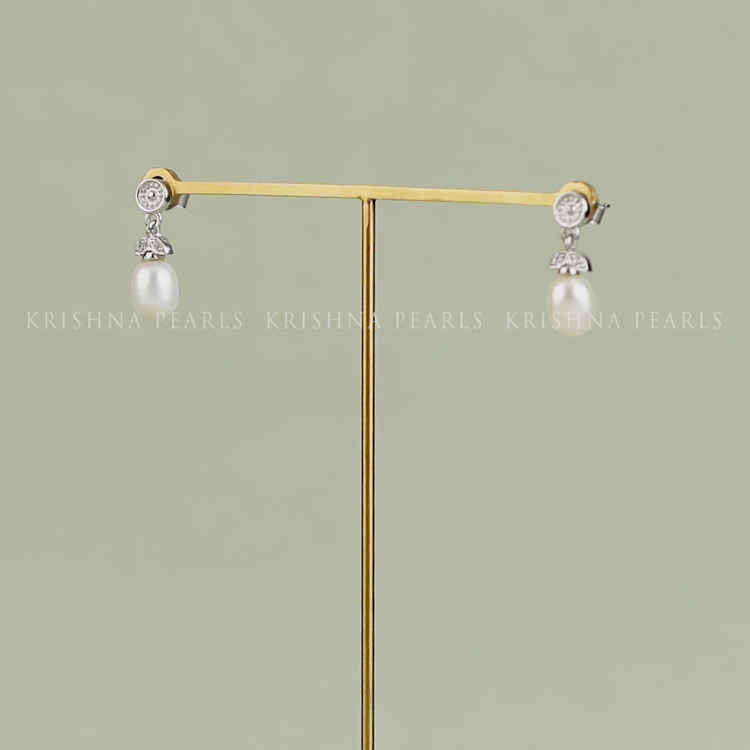 Real Freshwater Pearl & White Stone Drop Earrings