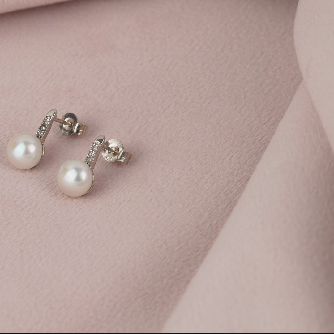Fresh Water Button Pearl & CZ Stones Silver Earrings