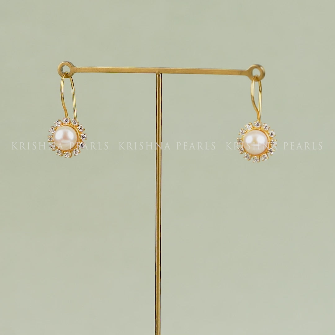Gold Finish Round Drop Earrings with CZ Stones & Freshwater Pearls