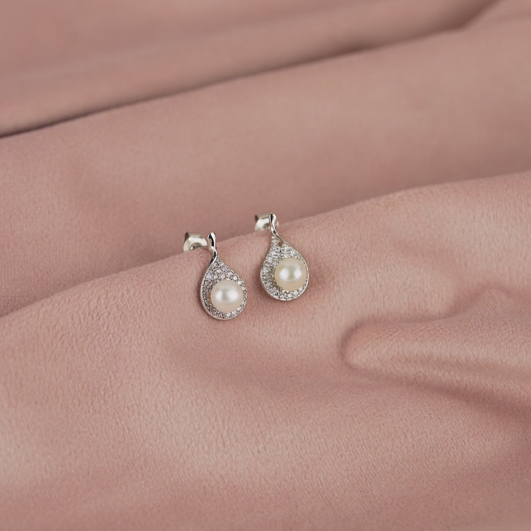 Sparkling Silver Pearl Stud Earrings