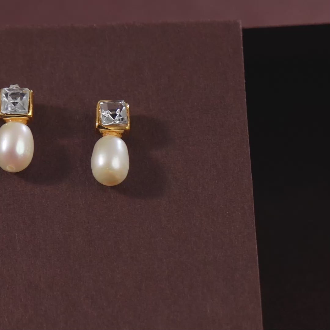 Square Crest Pearl Drop Earrings (Freshwater Pearl Drop Earrings with Gold Finish)