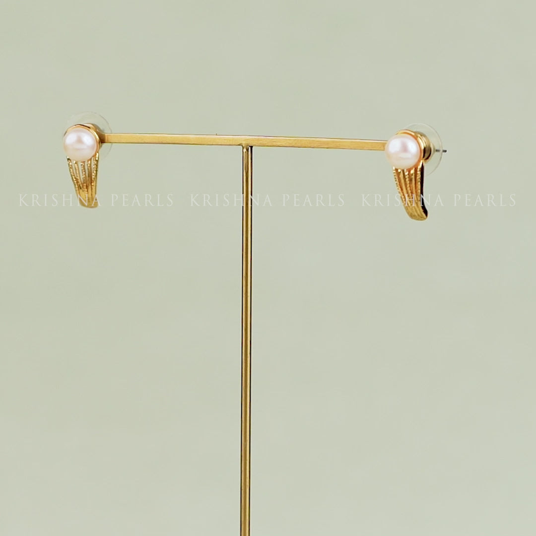 Gold Polish Half-Hoop Earrings with White Freshwater Pearls