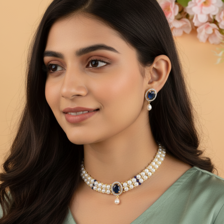 Double Layer Pearl Choker Set with Blue Stone Accents & Earrings